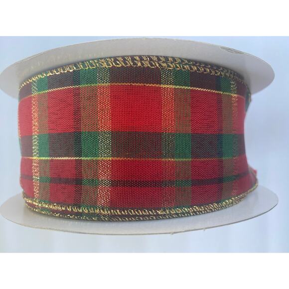 9 Feet 2.5” Red Green Gold Plaid Christmas Wired Ribbon for bows wreaths crafts - Picture 2 of 3